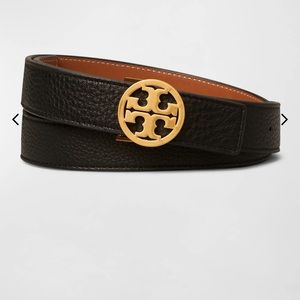 Tory Burch Black Leather Belt with Gold Logo Buckle